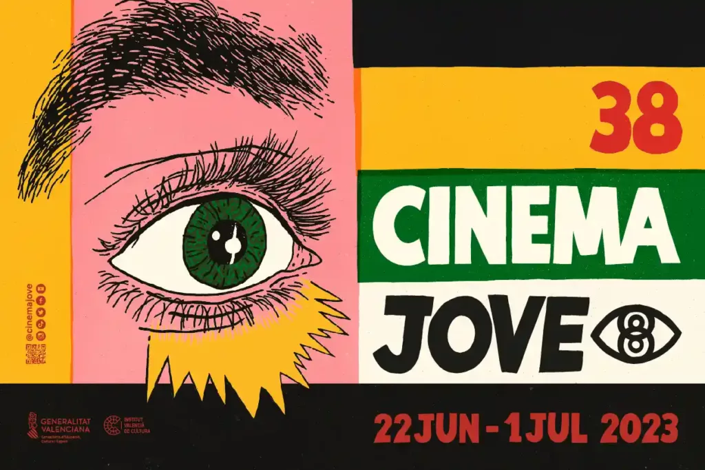 Cartel oficial de la 38ª edición del Festival Internacional de Cine de Valencia, comúnmente conocido como Cinema Jove. El Certamen cinematográfico tiene lugar estas próximas semanas, del 22 de junio hasta el próximo 1 de julio.